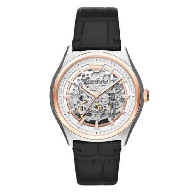 Emporio Armani Zeta Skeleton Automatic Silver Dial Black Leather Strap Watch For Men - AR60018 - Image 14